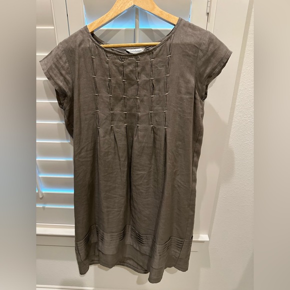 Sundance Linen Pleated PinTuck Viv Day Relaxed Shift Pebble Gray Dress SMALL - Picture 2 of 7